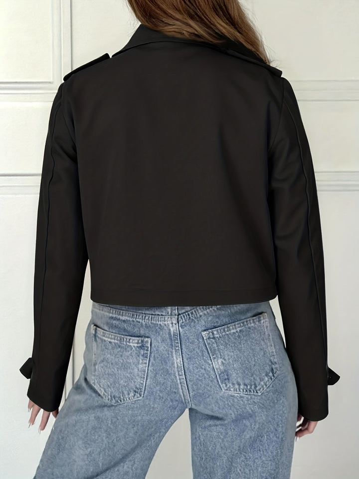 Elegant Brown Cropped Pea Coat for Women with Notched Lapel Long Sleeve Double Breasted Casual Style