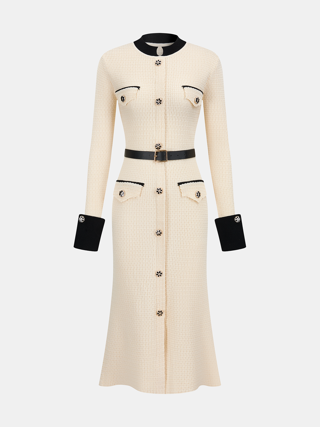 Gulya - Contrast-Trim Button-Front Midi Dress with Belt