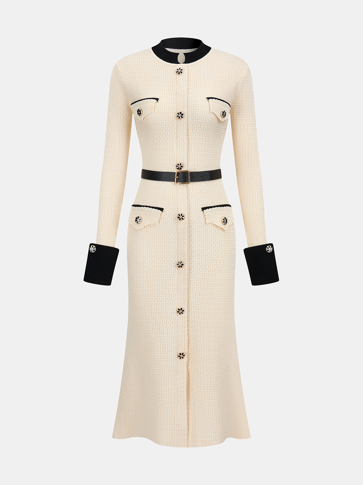 Gulya - Contrast-Trim Button-Front Midi Dress with Belt