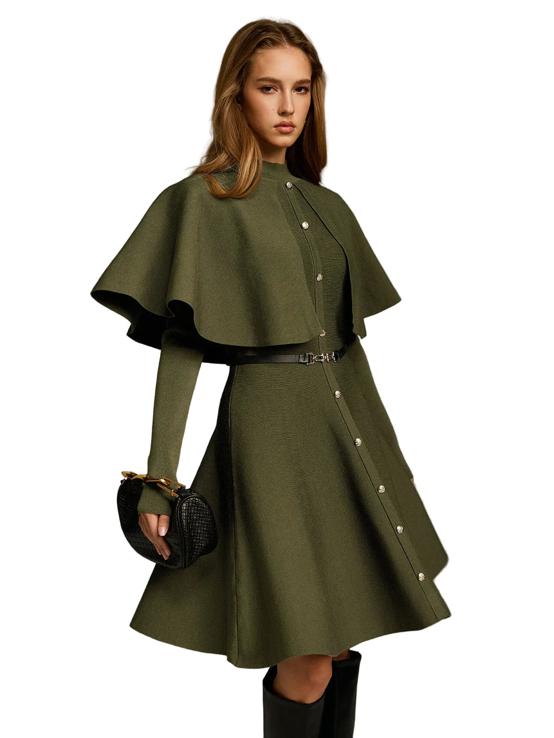 Coleen | Capelet-Style Button-Front Belted Midi Dress
