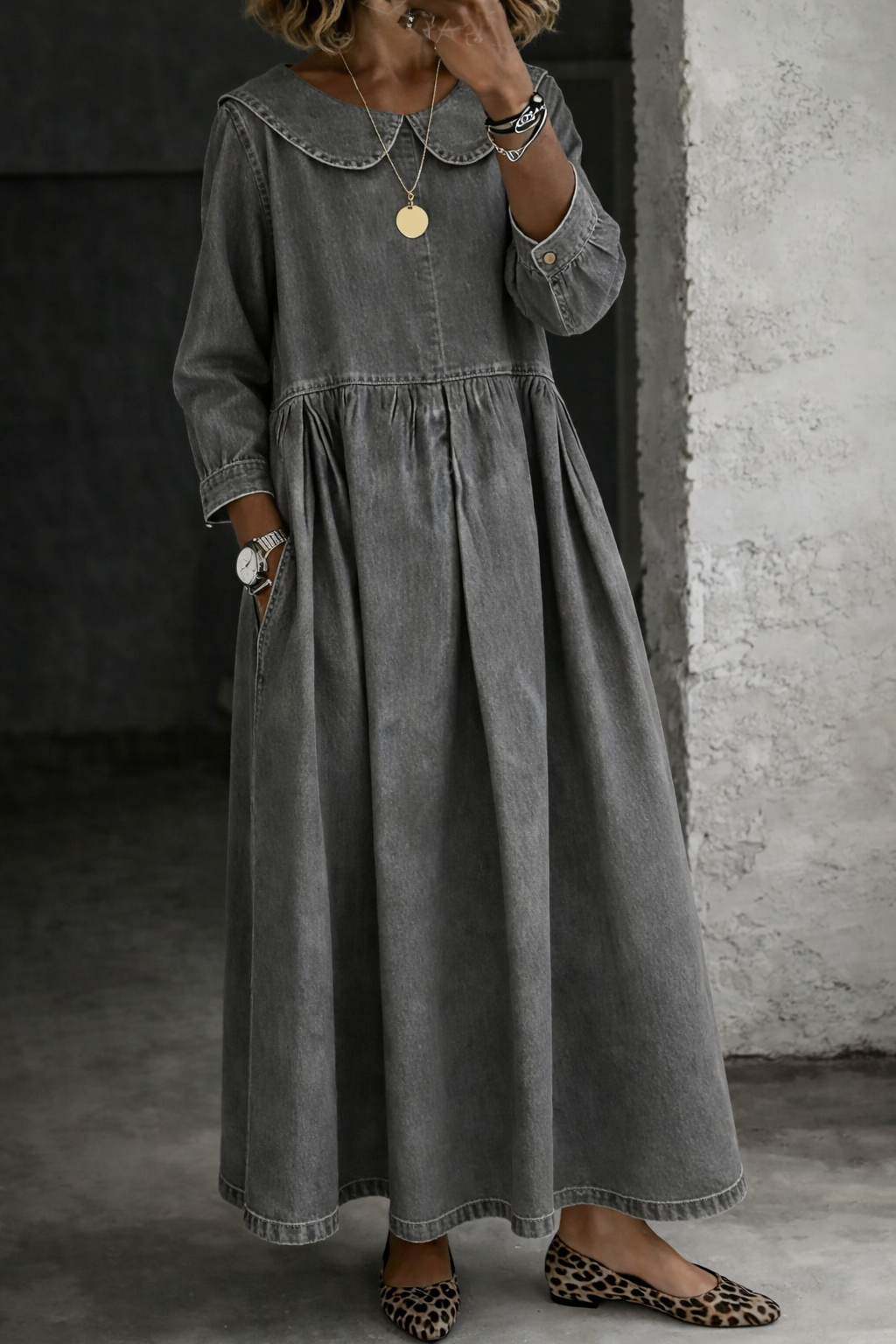 Denim Dress with Peter Pan Collar