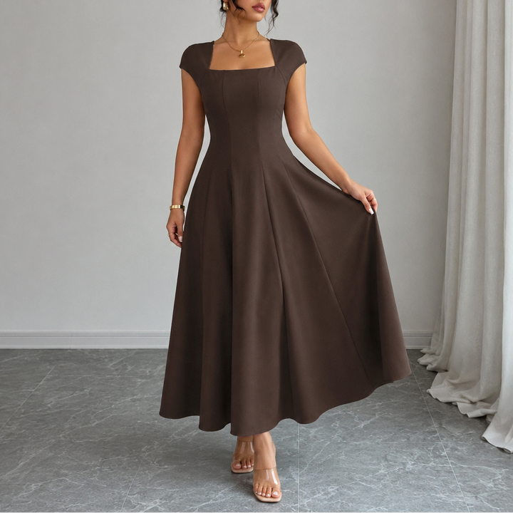 Elegant Satin Midi Dress for Women with Square Neck Cap Sleeve Fit and Flare Fall Wedding Guest Style