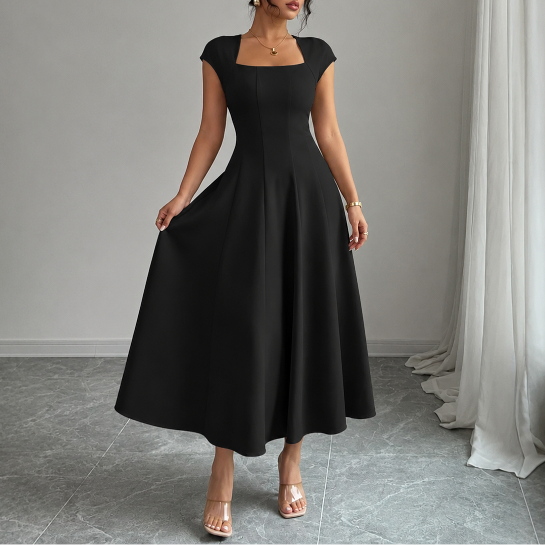 Elegant Satin Midi Dress for Women with Square Neck Cap Sleeve Fit and Flare Fall Wedding Guest Style