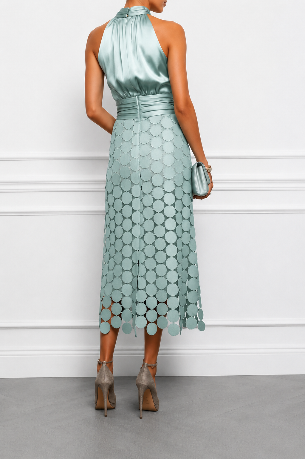 Elegant Satin Circle Cutout Midi Dress for Women with Halter Neck Sleeveless Ruched Waist Autumn Wedding Guest Style