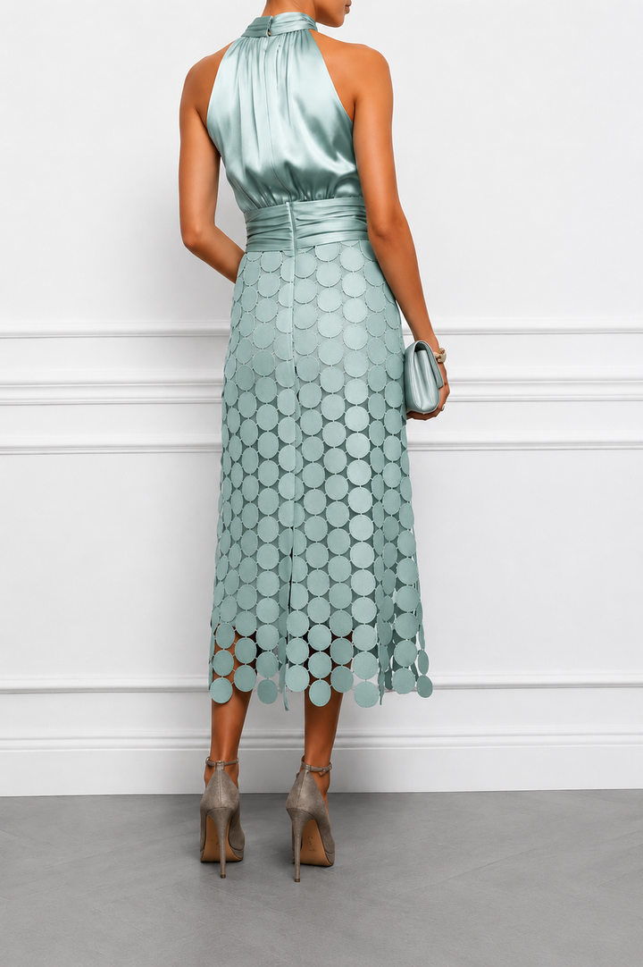 Elegant Satin Circle Cutout Midi Dress for Women with Halter Neck Sleeveless Ruched Waist Autumn Wedding Guest Style