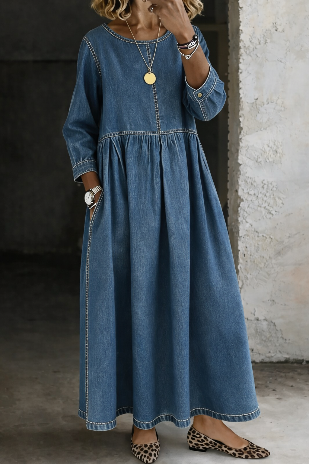 Denim Dress Long Sleeve Round Neck