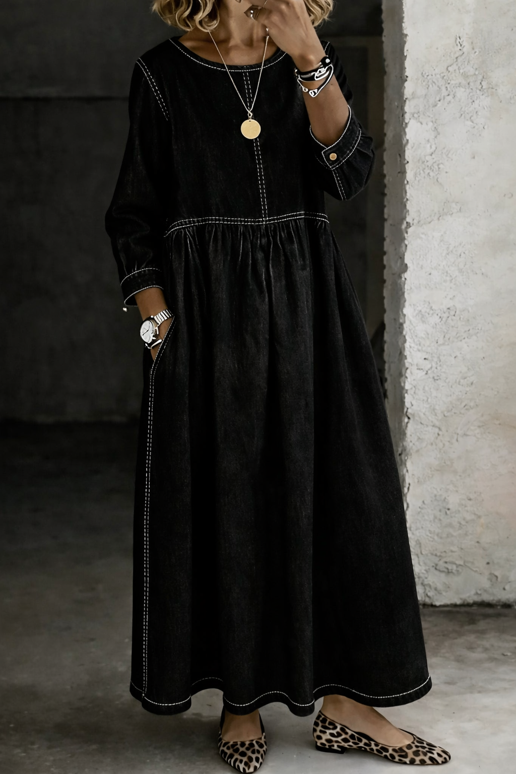 Denim Dress Long Sleeve Round Neck