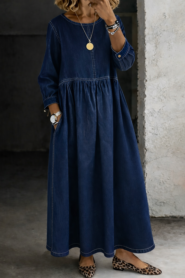 Denim Dress Long Sleeve Round Neck