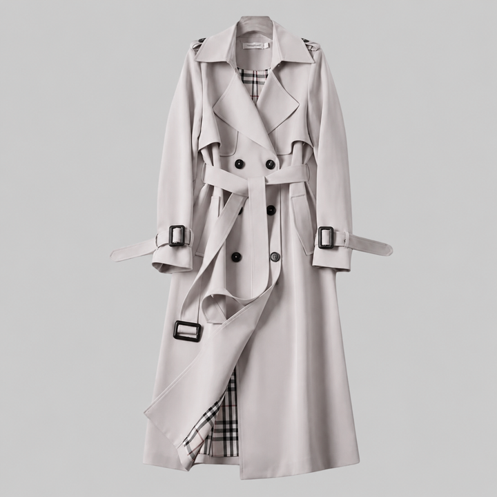 Elegant Trench Coat for Women with Lapel Collar Belted Waist Double Breasted Longline Style