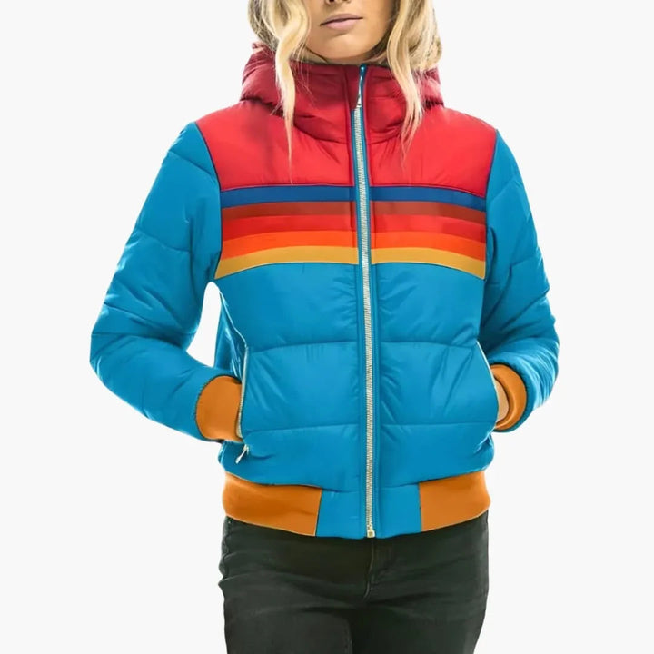 Effortless Colorblock Puffer Jacket for Women with Hooded Long Sleeve Rainbow Stripe Quilted Casual Style