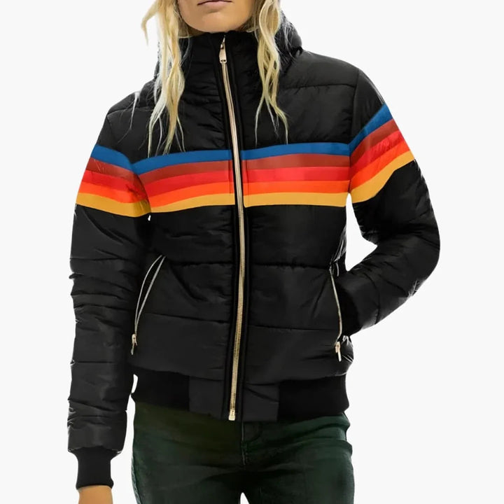 Effortless Colorblock Puffer Jacket for Women with Hooded Long Sleeve Rainbow Stripe Quilted Casual Style