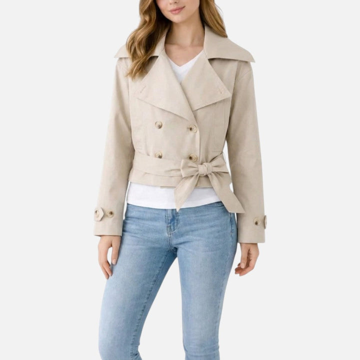 Effortless Cropped Trench Jacket for Women with Notch Collar Long Sleeve Double Breasted Belted Bow Style