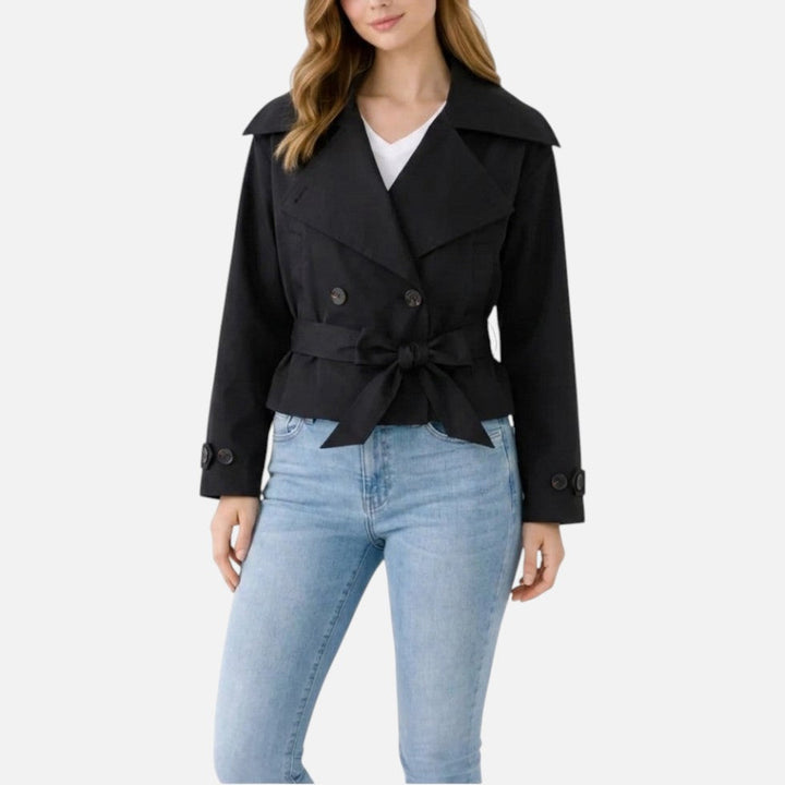 Effortless Cropped Trench Jacket for Women with Notch Collar Long Sleeve Double Breasted Belted Bow Style