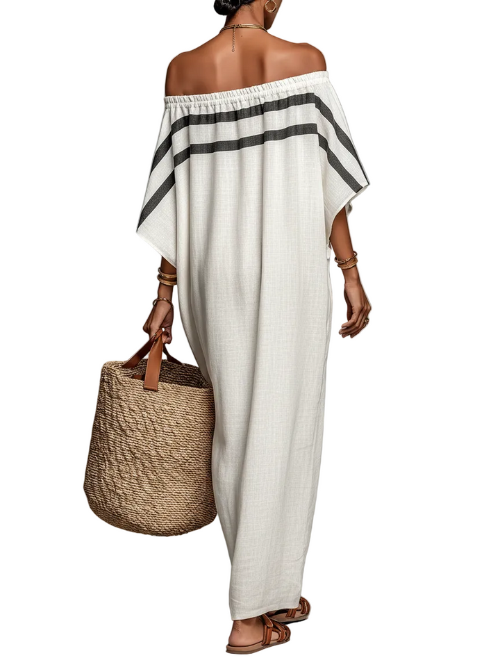 Women's Minimalist Linen Blend Off-the-shoulder Batwing Sleeve Straight-cut Maxi Dress