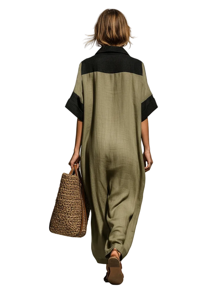 Women's Minimalist Linen Blend Color-blocked Short-sleeved Maxi Dress