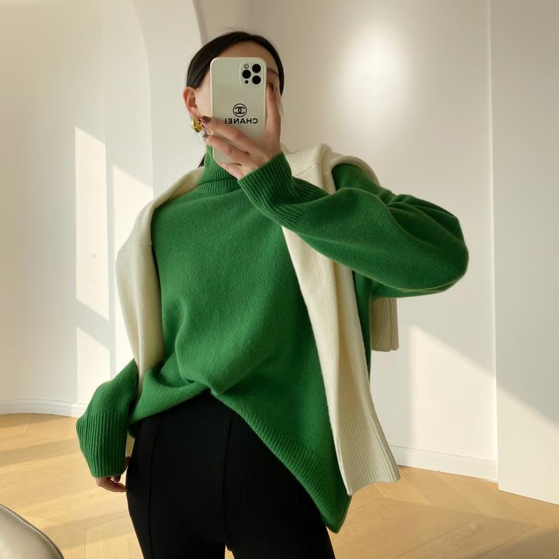 Cozy Beige Sweater for Women with Turtleneck Long Sleeve Oversized Relaxed Knit Style