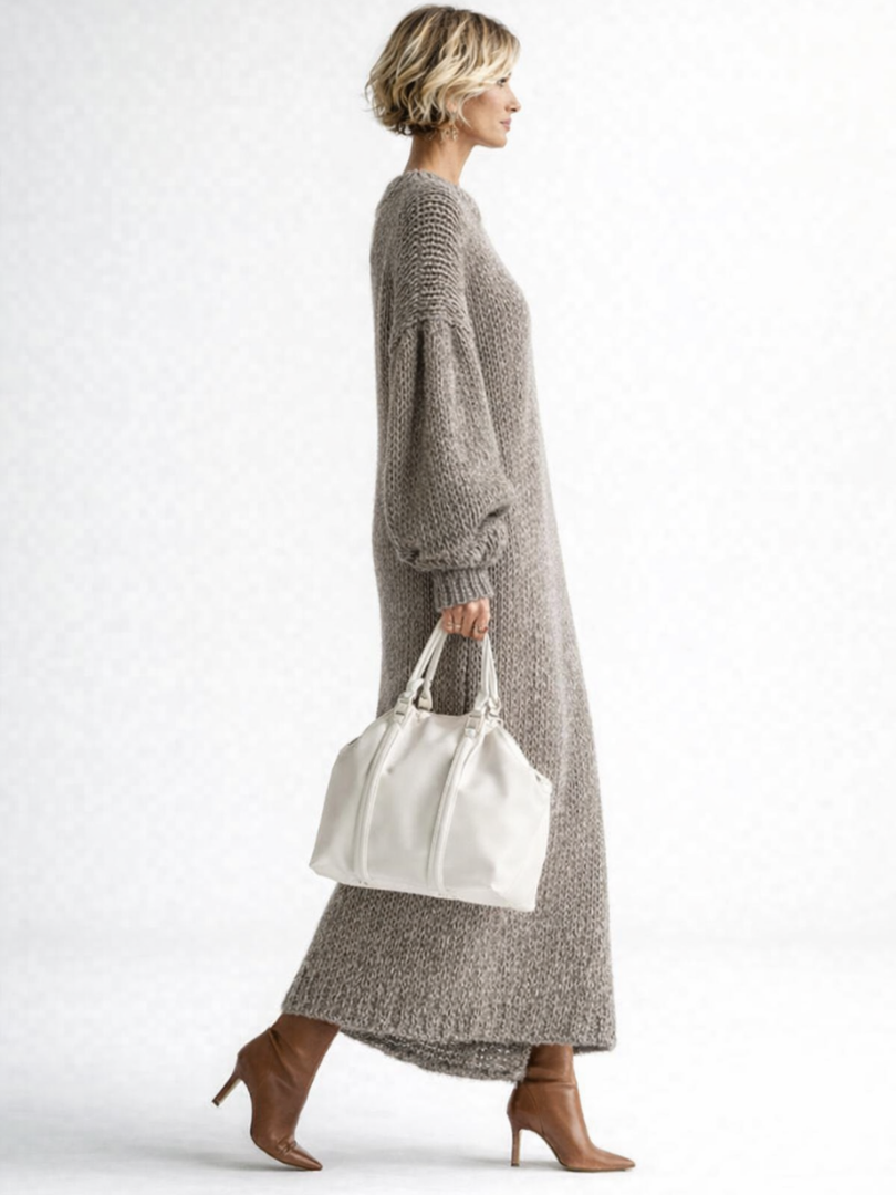 Cozy Chunky Knit Sweater Dress for Women with Crew Neck Balloon Sleeve Oversized Side Slit Style