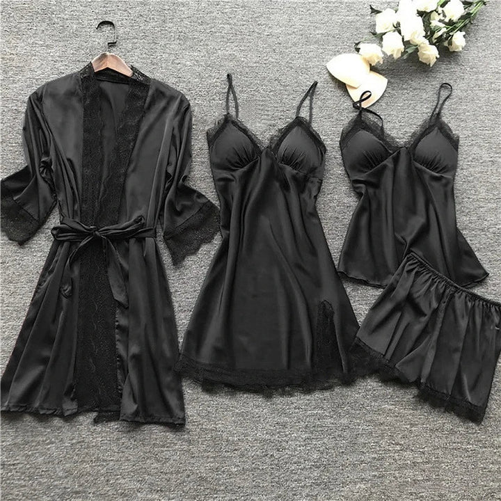 Women's Satin Pajama Set with Lace Trim - Iris Long Sleeve Sleepwear