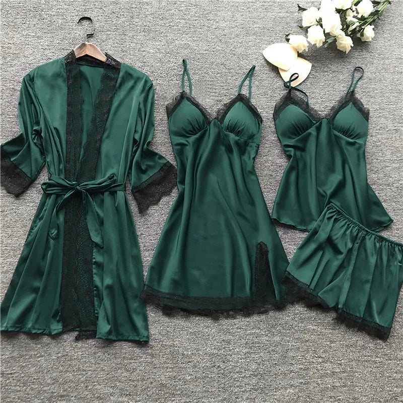 Women's Satin Pajama Set with Lace Trim - Iris Long Sleeve Sleepwear