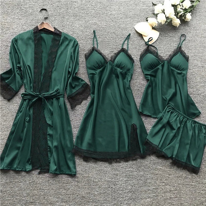 Women's Satin Pajama Set with Lace Trim - Iris Long Sleeve Sleepwear