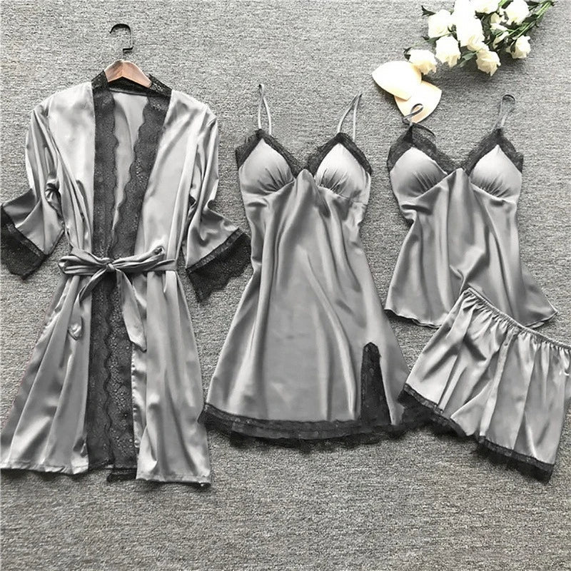 Women's Satin Pajama Set with Lace Trim - Iris Long Sleeve Sleepwear