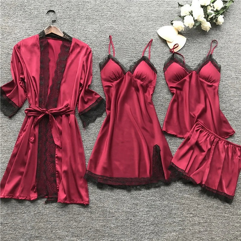 Women's Satin Pajama Set with Lace Trim - Iris Long Sleeve Sleepwear