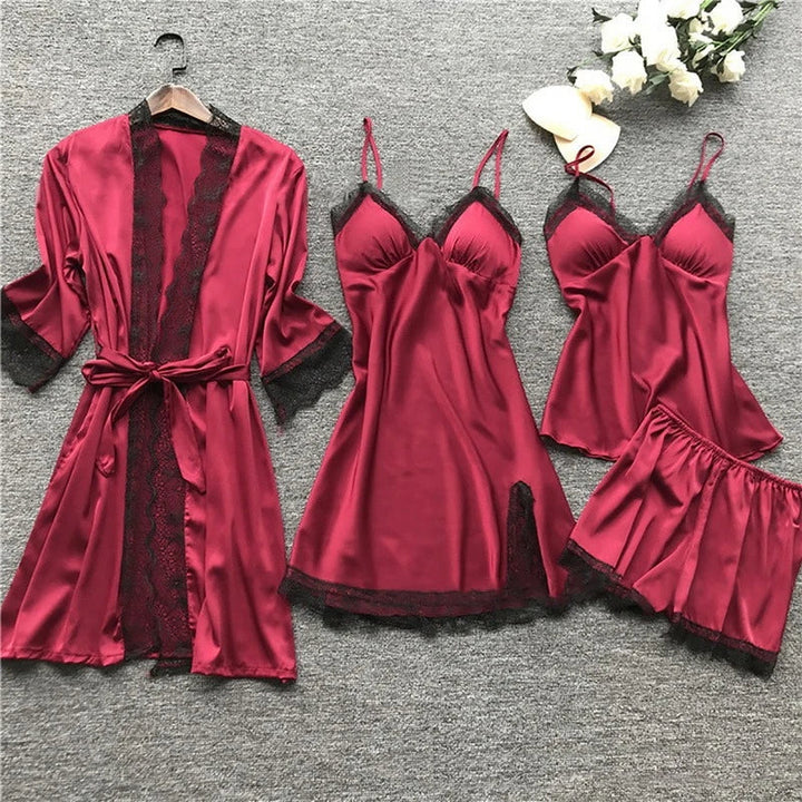 Women's Satin Pajama Set with Lace Trim - Iris Long Sleeve Sleepwear