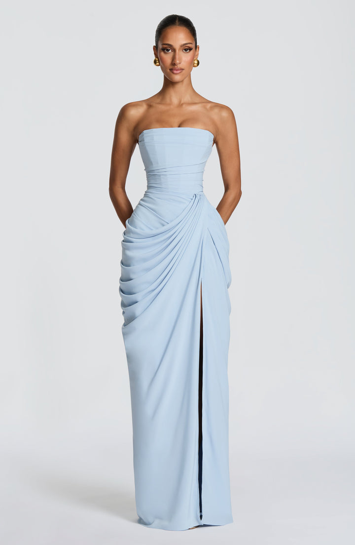 Elegant Draped Maxi Dress for Women with Strapless Sweetheart Ruched Side Slit Autumn Wedding Guest Style