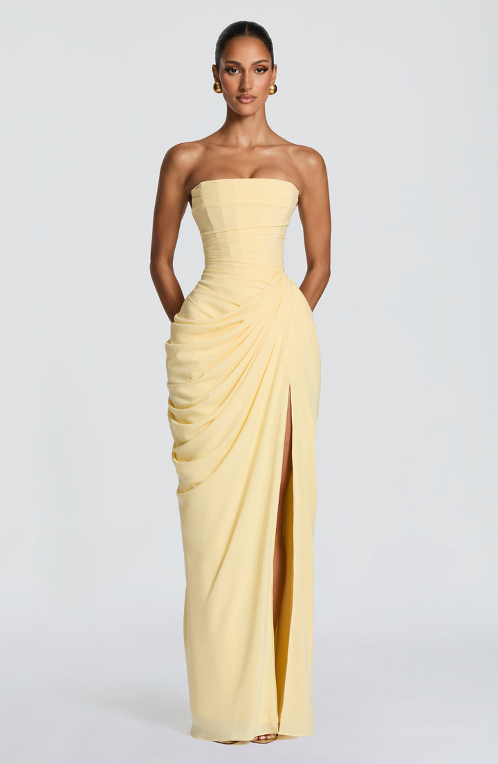 Elegant Draped Maxi Dress for Women with Strapless Sweetheart Ruched Side Slit Autumn Wedding Guest Style