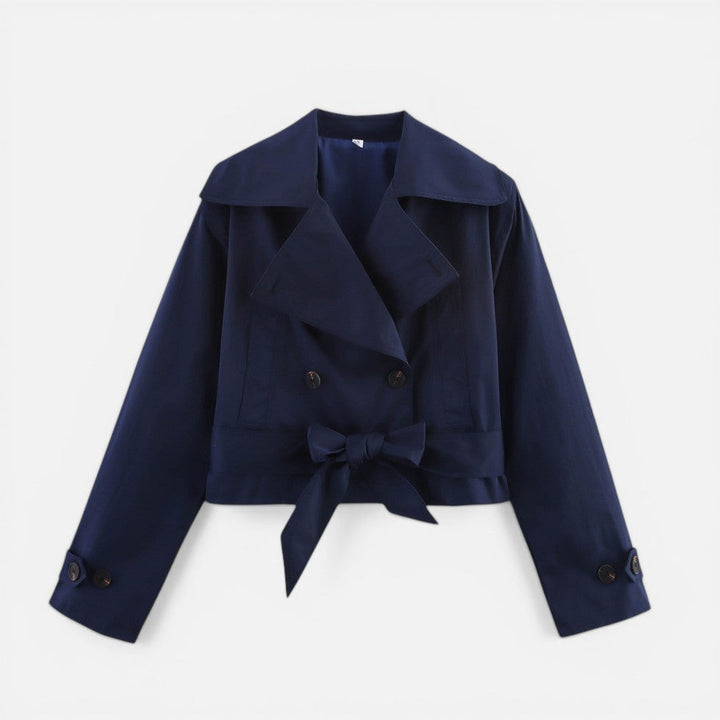 Effortless Cropped Trench Jacket for Women with Notch Collar Long Sleeve Double Breasted Belted Bow Style