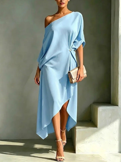 Elegant Draped Maxi Dress for Women with One Shoulder Batwing Sleeve Asymmetrical Hem Autumn Wedding Guest Style