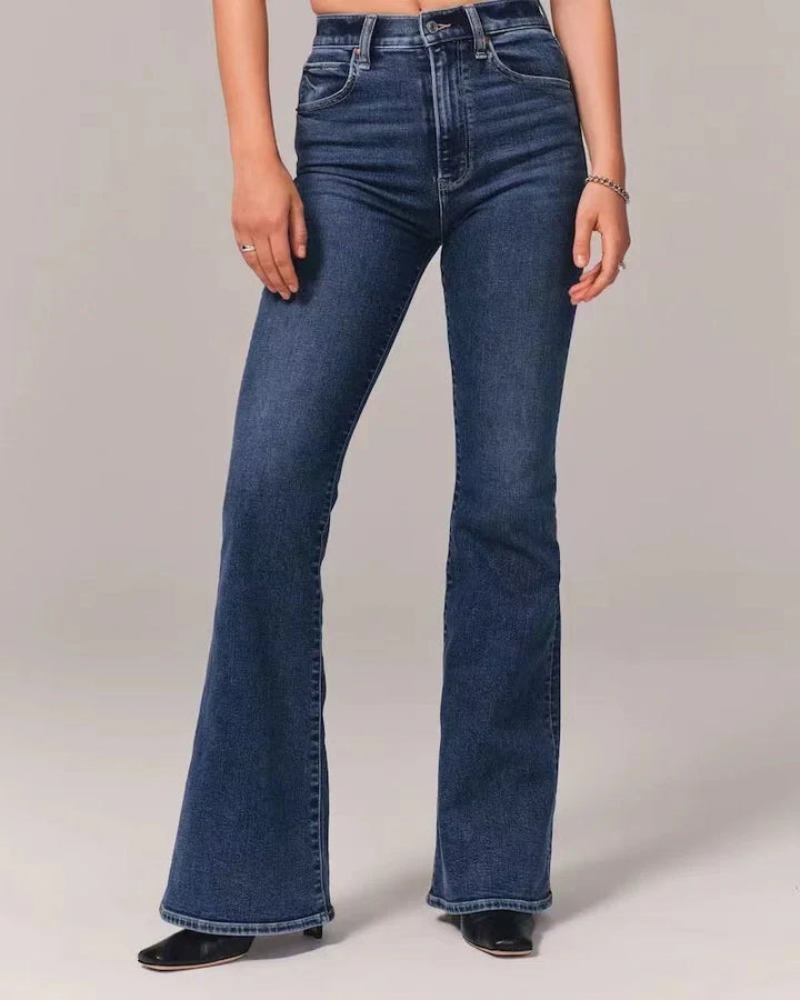 Effortless High Waisted Flare Jeans for Women with Five Pocket Whisker Wash Relaxed Denim Style