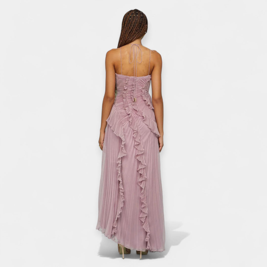 lilac ruffle midi dress Doux Purple Ruffled Trim Pleated Midi Dress