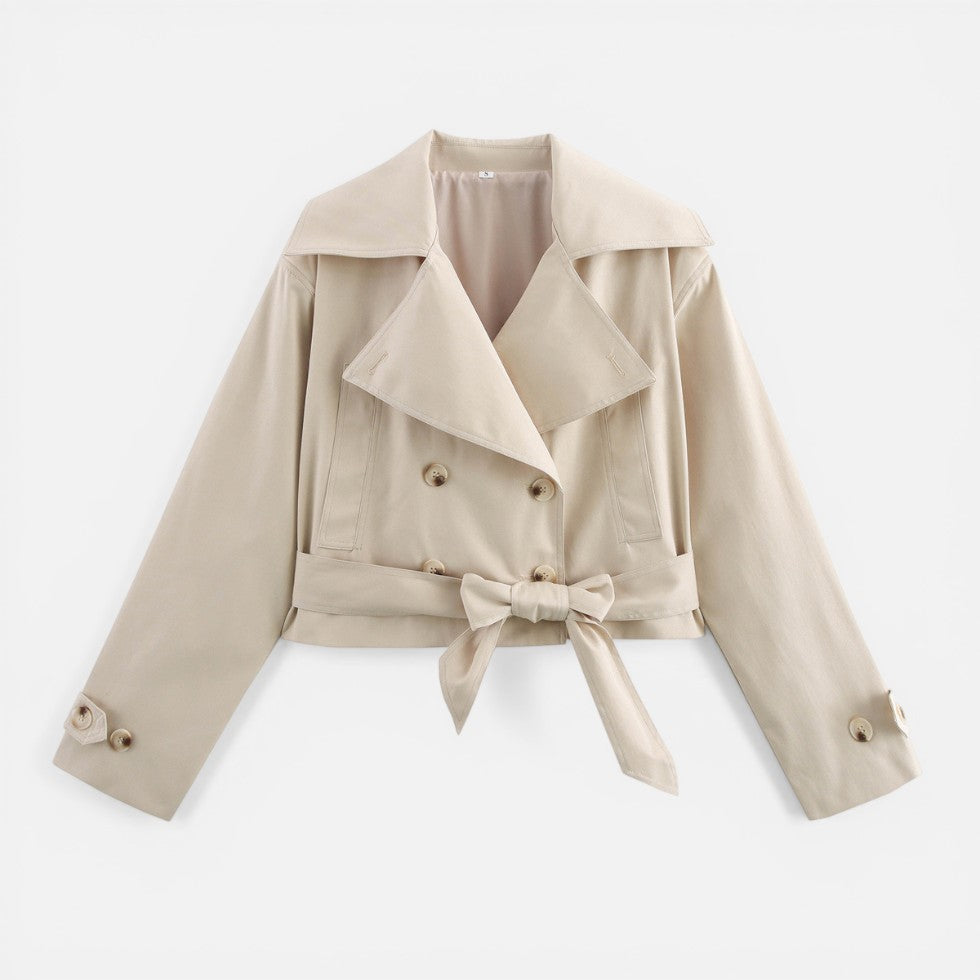 Effortless Cropped Trench Jacket for Women with Notch Collar Long Sleeve Double Breasted Belted Bow Style