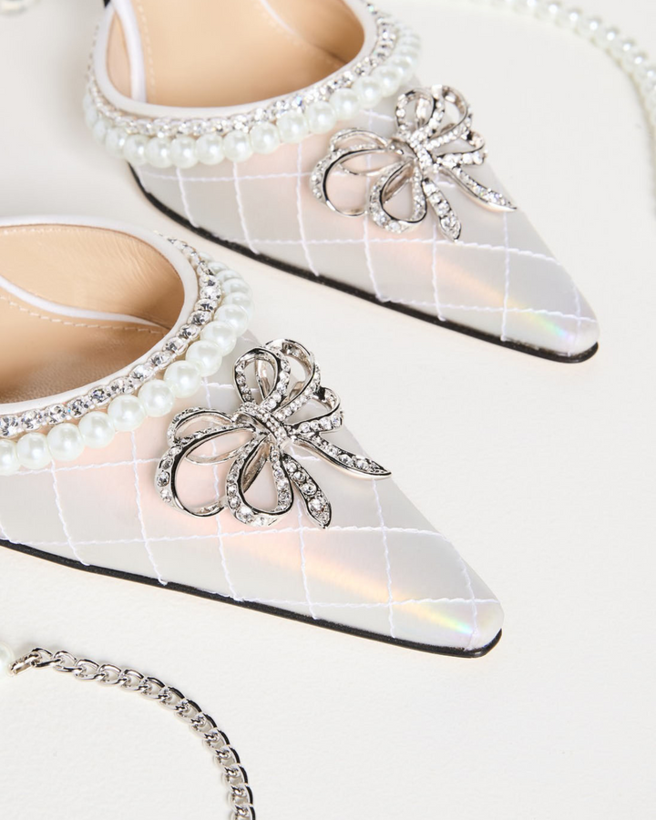 Paola Pearl Bow Embellished Satin Strap Pumps