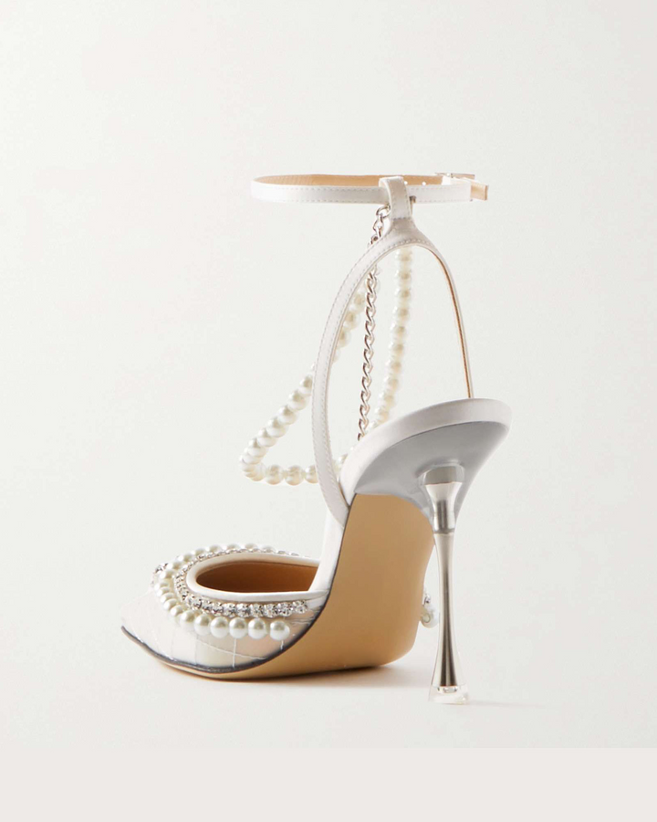Paola Pearl Bow Embellished Satin Strap Pumps