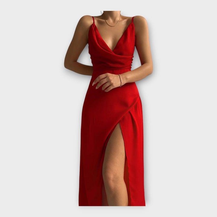 Long Satin Dress with Slit and Thin Straps