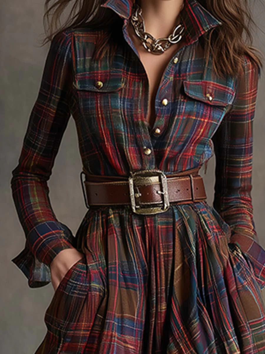 Effortless Plaid Maxi Shirt Dress for Women with Belted Flowing Style