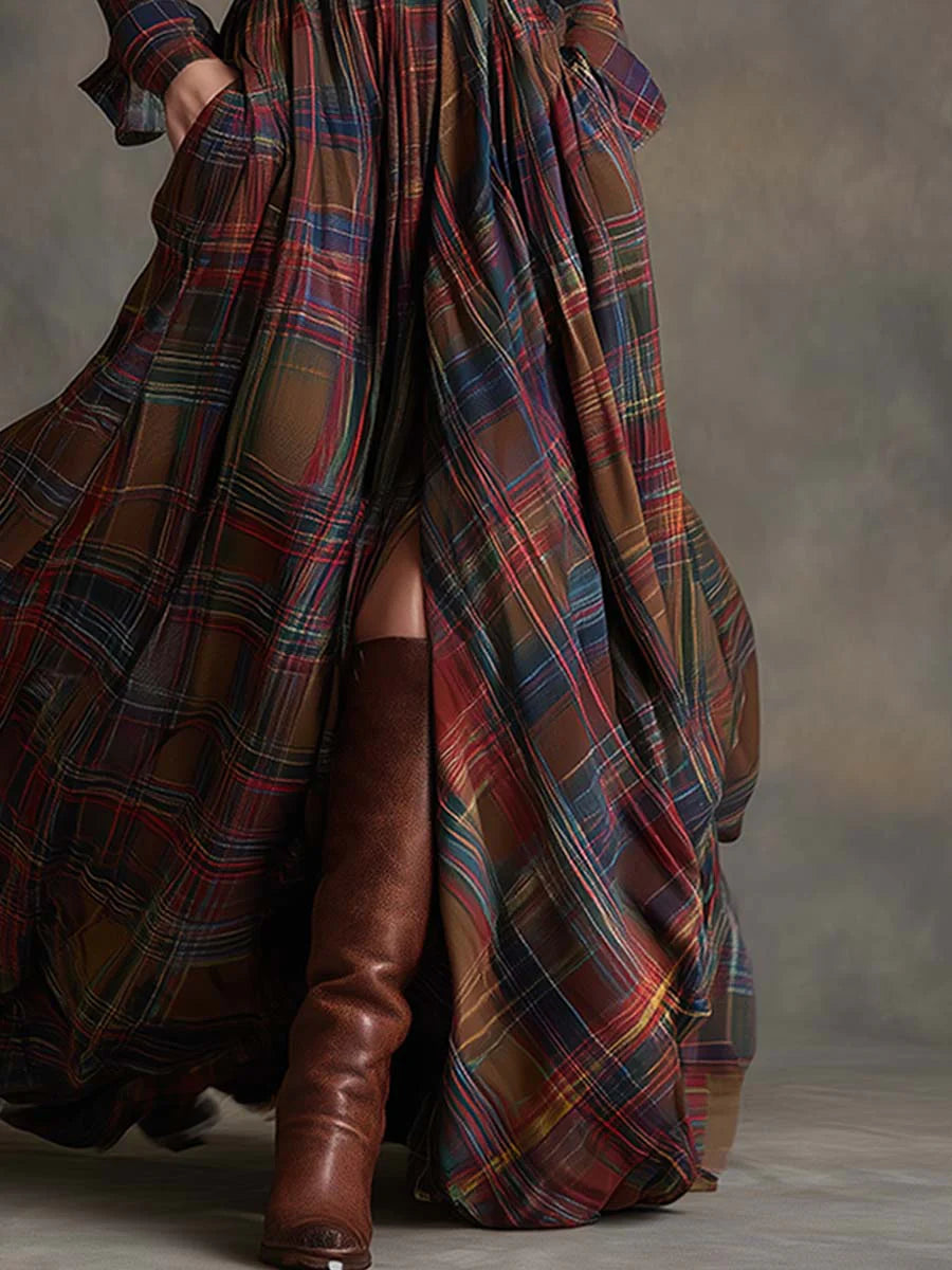 Effortless Plaid Maxi Shirt Dress for Women with Belted Flowing Style