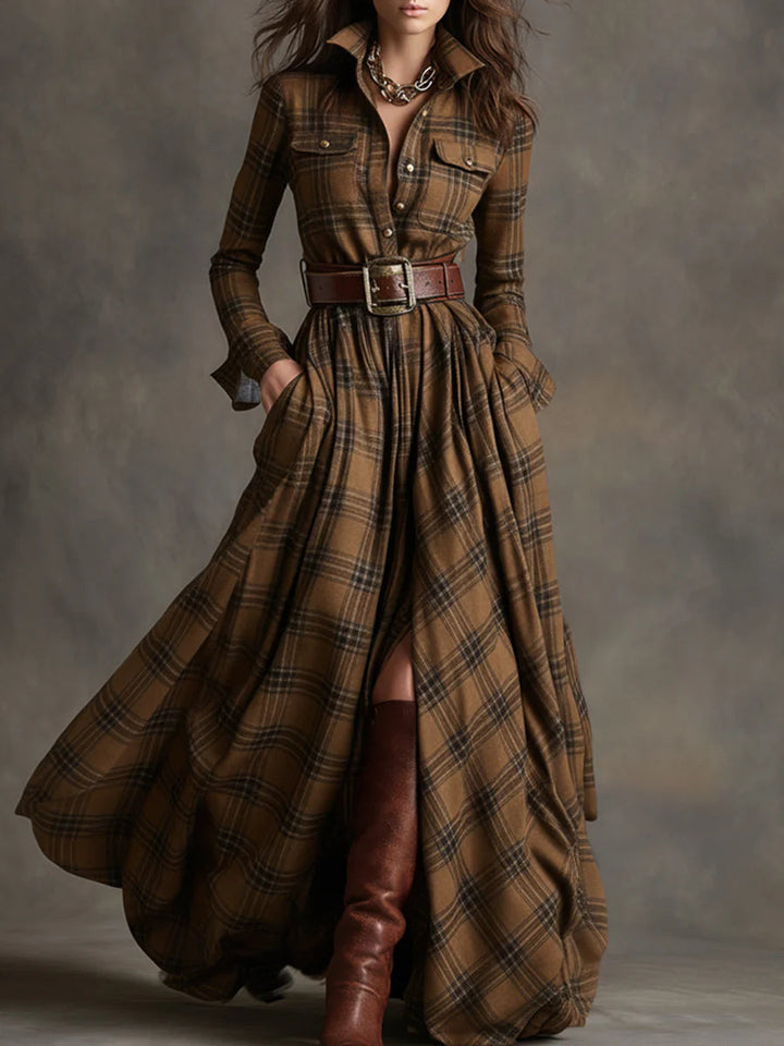 Effortless Plaid Maxi Shirt Dress for Women with Belted Flowing Style