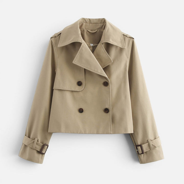 Elegant Cropped Trench Jacket for Women with Notch Lapel Long Sleeve Double Breasted Belted Cuff Style