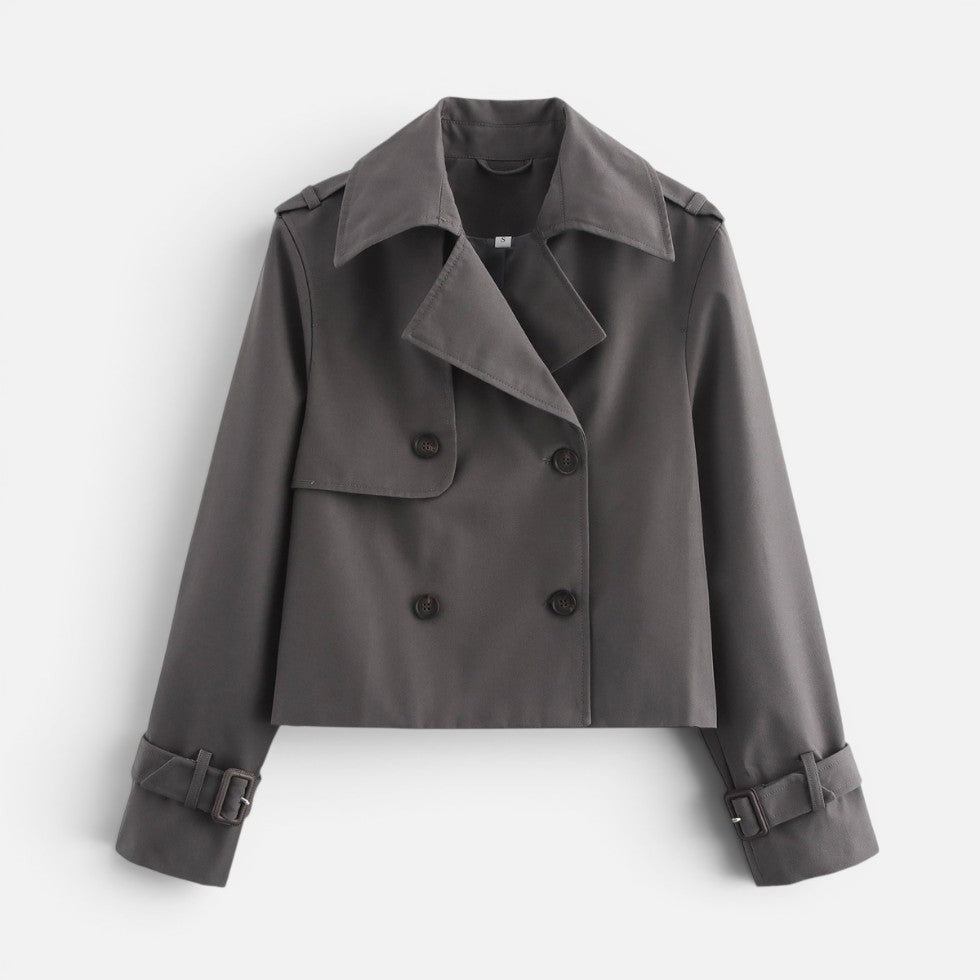 Elegant Cropped Trench Jacket for Women with Notch Lapel Long Sleeve Double Breasted Belted Cuff Style
