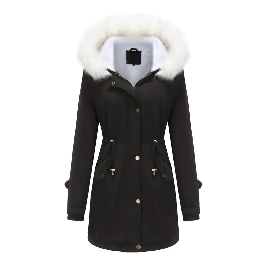 Cozy Faux Fur Trim Parka Jacket for Women with Hooded Long Sleeve Drawstring Waist Relaxed Style
