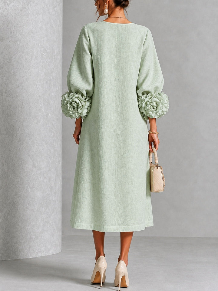 Elegant Sage Green Textured Midi Dress for Women with Round Neck Balloon Sleeve Floral Cuff Fall Wedding Guest Style