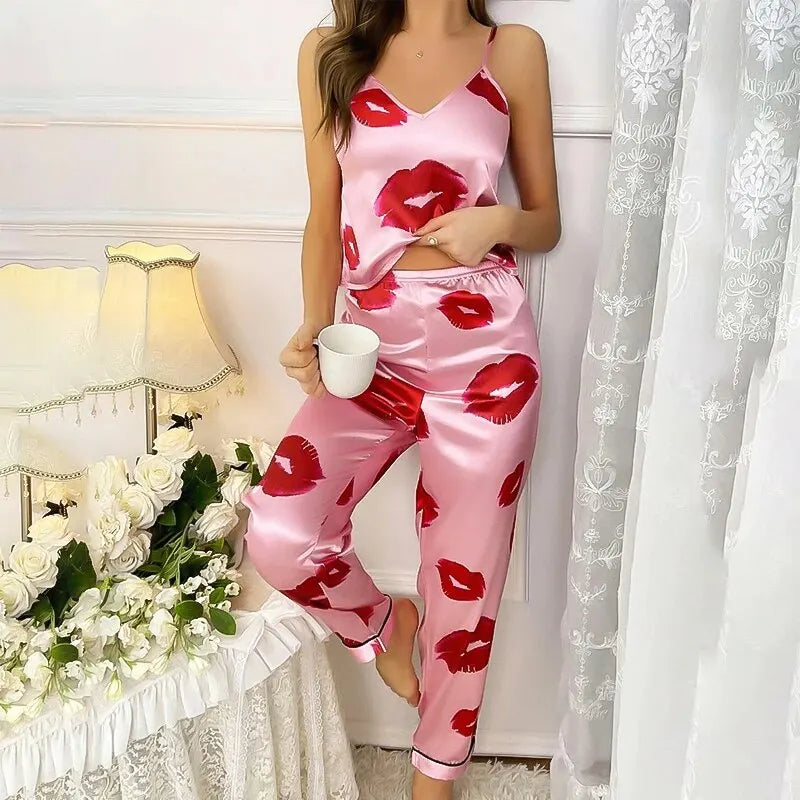 Women's Satin Pajama Set with Lip Print - Rhea Cami Top and Pants