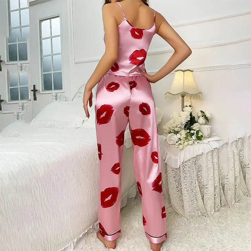 Women's Satin Pajama Set with Lip Print - Rhea Cami Top and Pants