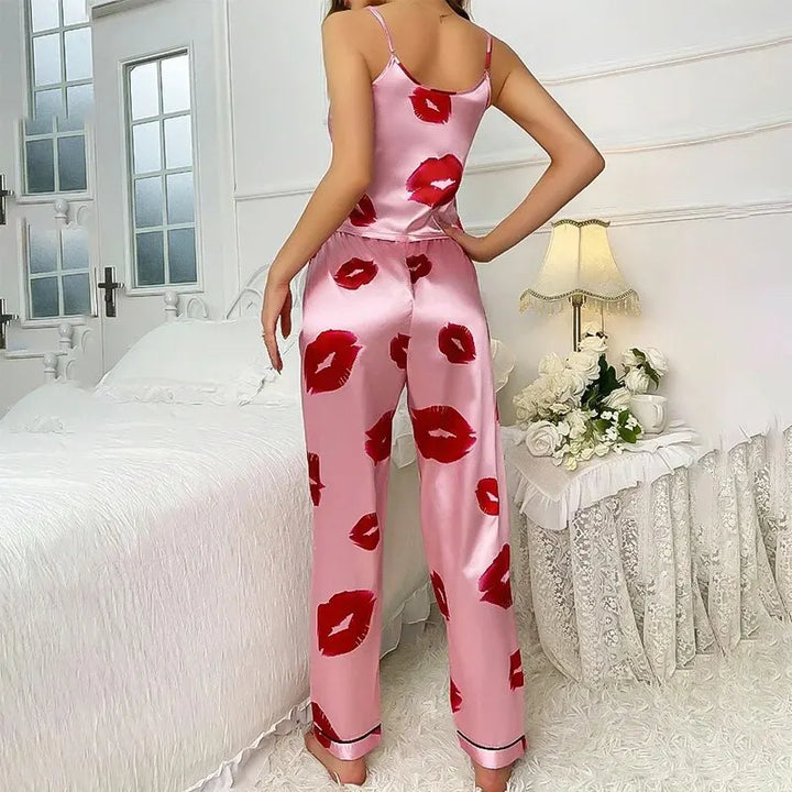 Women's Satin Pajama Set with Lip Print - Rhea Cami Top and Pants