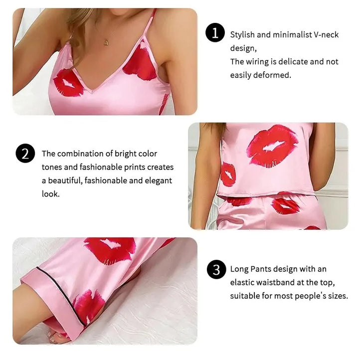 Women's Satin Pajama Set with Lip Print - Rhea Cami Top and Pants