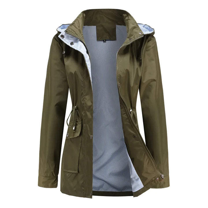 Effortless Rain Jacket for Women with Hooded Collar Long Sleeve Drawstring Waist Relaxed Style