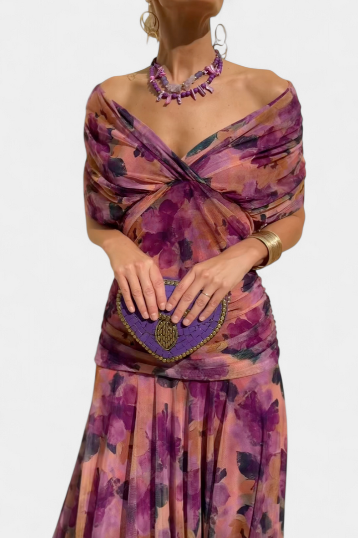 Alondra Long Dress with Floral Fancy Design and Decollete
